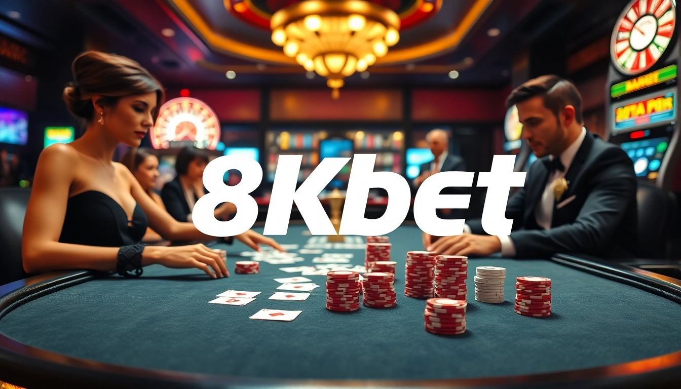 Exciting poker game at a luxury casino featuring the 8kbet brand with chips and cards.