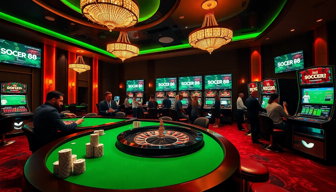 Experience the excitement of betting at hi88 soccer casino with vibrant poker tables and slot machines.