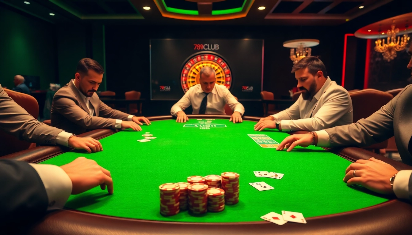 Players enjoying poker at 789CLUB with vibrant chips and cards in a luxurious casino setting.