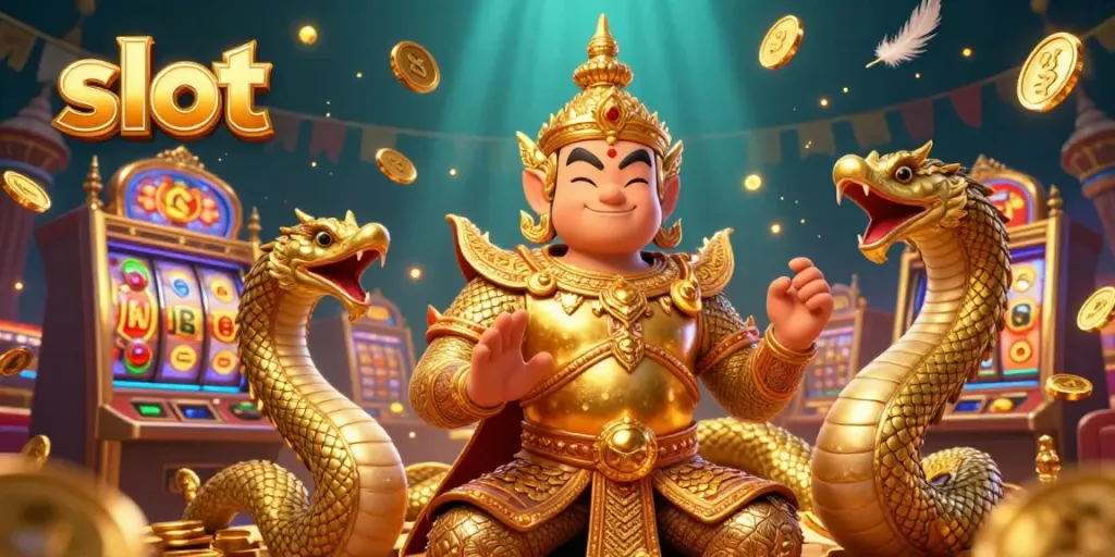 Engage in the vibrant slot machine experience with golden coins and dynamic characters at a lively casino atmosphere.