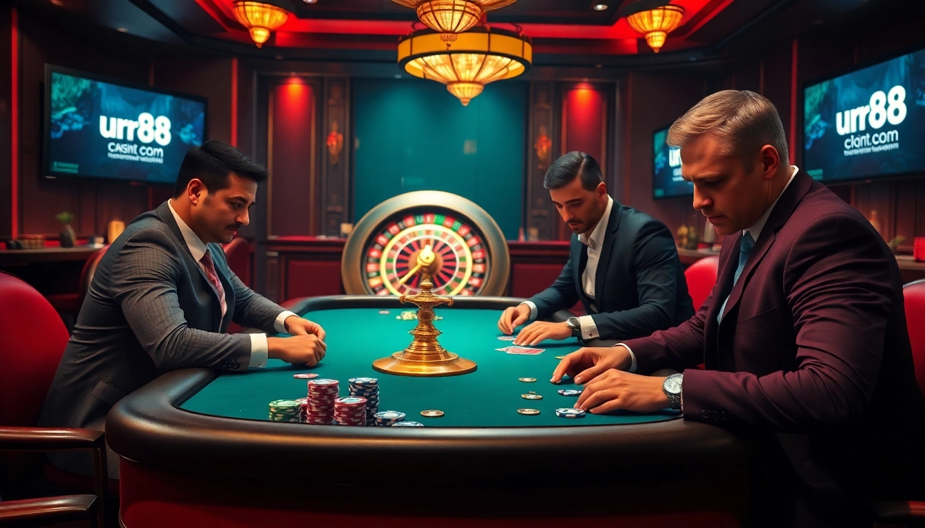 Exciting high-stakes poker game featuring players and the urr88.com logo in a luxurious casino setting.
