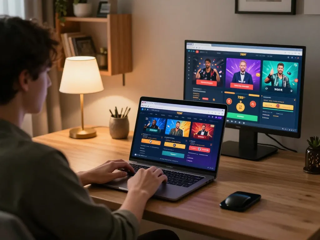 Person using 789F online platform on a laptop while managing betting strategies in a cozy home setting