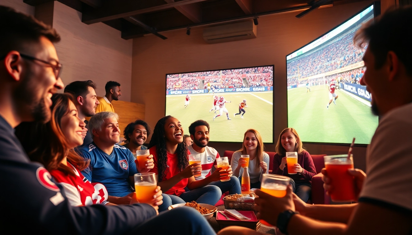 Xem bóng đá hôm nay with excited fans enjoying a live football match in a cozy setting.