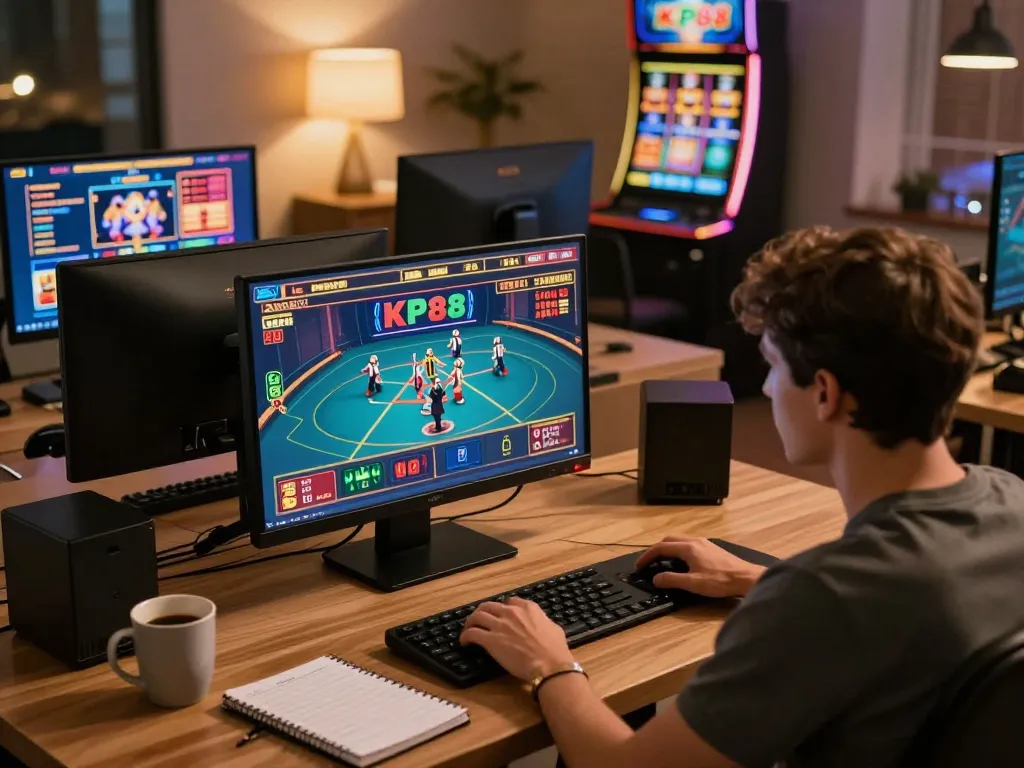 Player engages with KP88 casino games on multiple screens in a cozy home office.