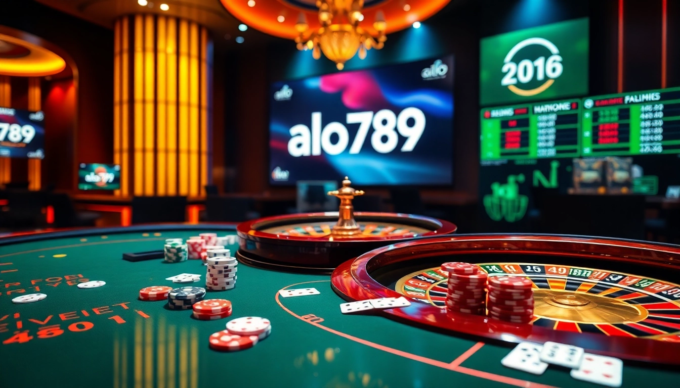Alo789 casino scene showcasing poker chips and cards in an elegant gaming environment.