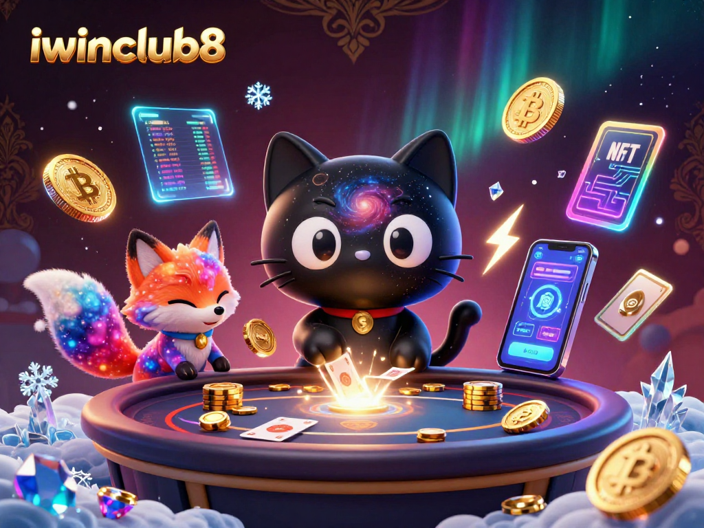 Engage with iwinclub8's cosmic casino featuring vibrant characters and glowing crypto elements.