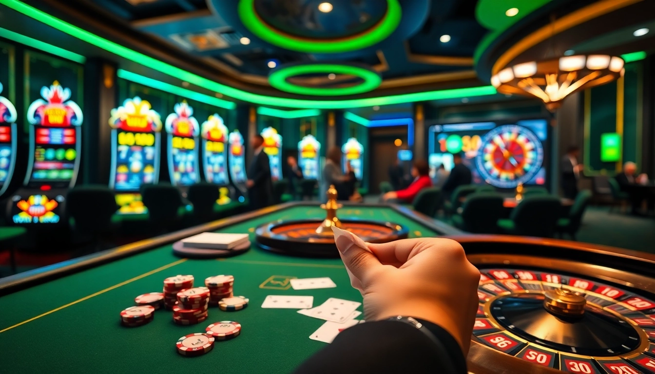 Experience excitement at 688v with professional gaming tables, poker chips, and vibrant slot machines.