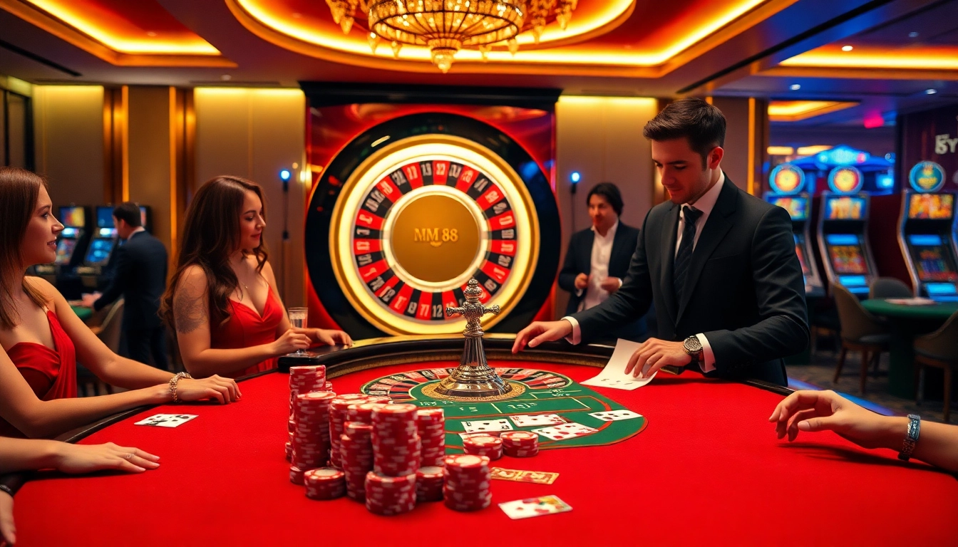 MM 88 gaming table with vibrant poker chips and playing cards in a luxurious casino setting.