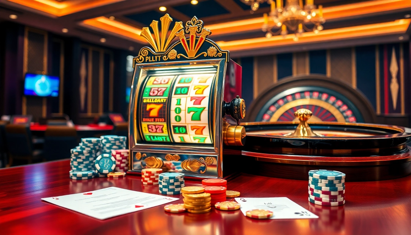 Gambling setup featuring luxury12 slot machine, poker chips, and roulette wheel in an elegant casino.