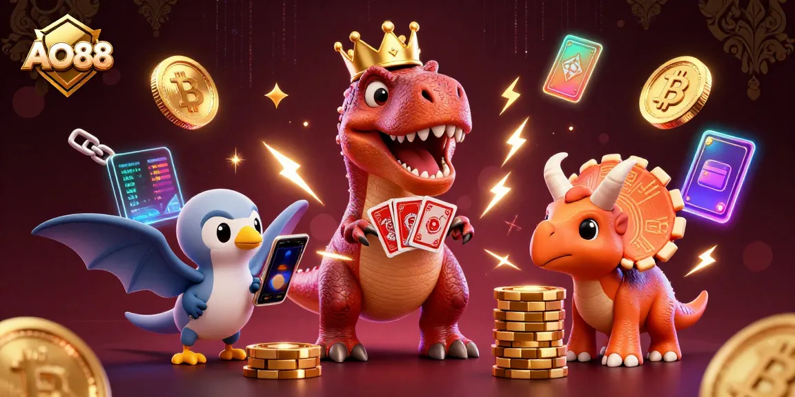 Engage in thrilling games at AO88 with a colorful 3D scene featuring dinosaurs and crypto elements.