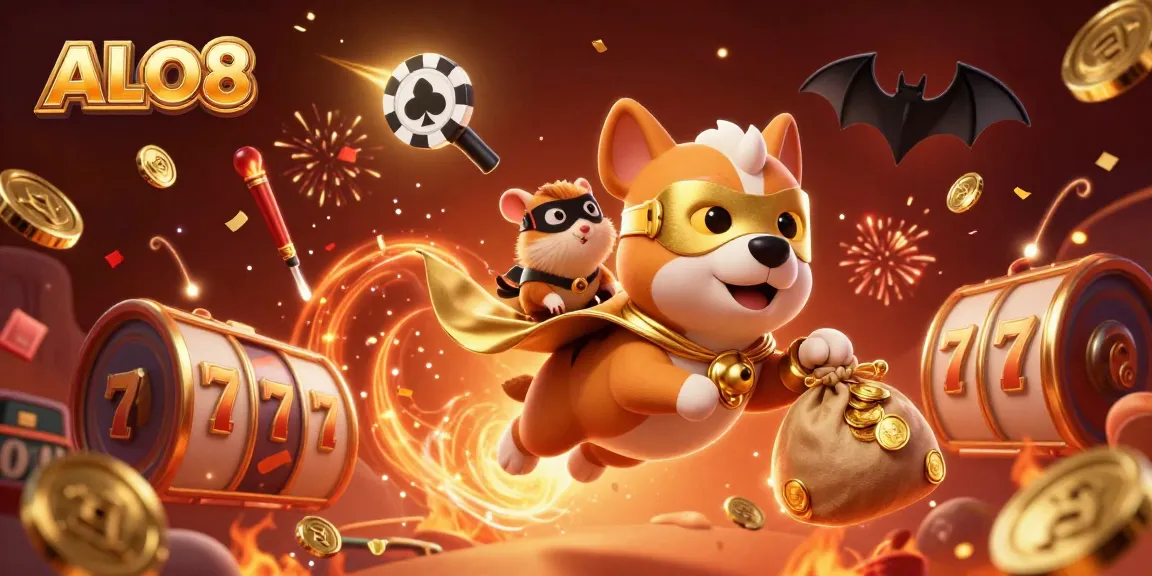 Unleash excitement with ALO8's dynamic casino scene featuring a superhero dog and gold coins flying.