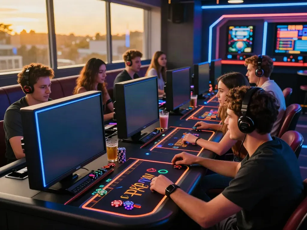 Friends enjoying an akunjp online gaming experience in a vibrant lounge.
