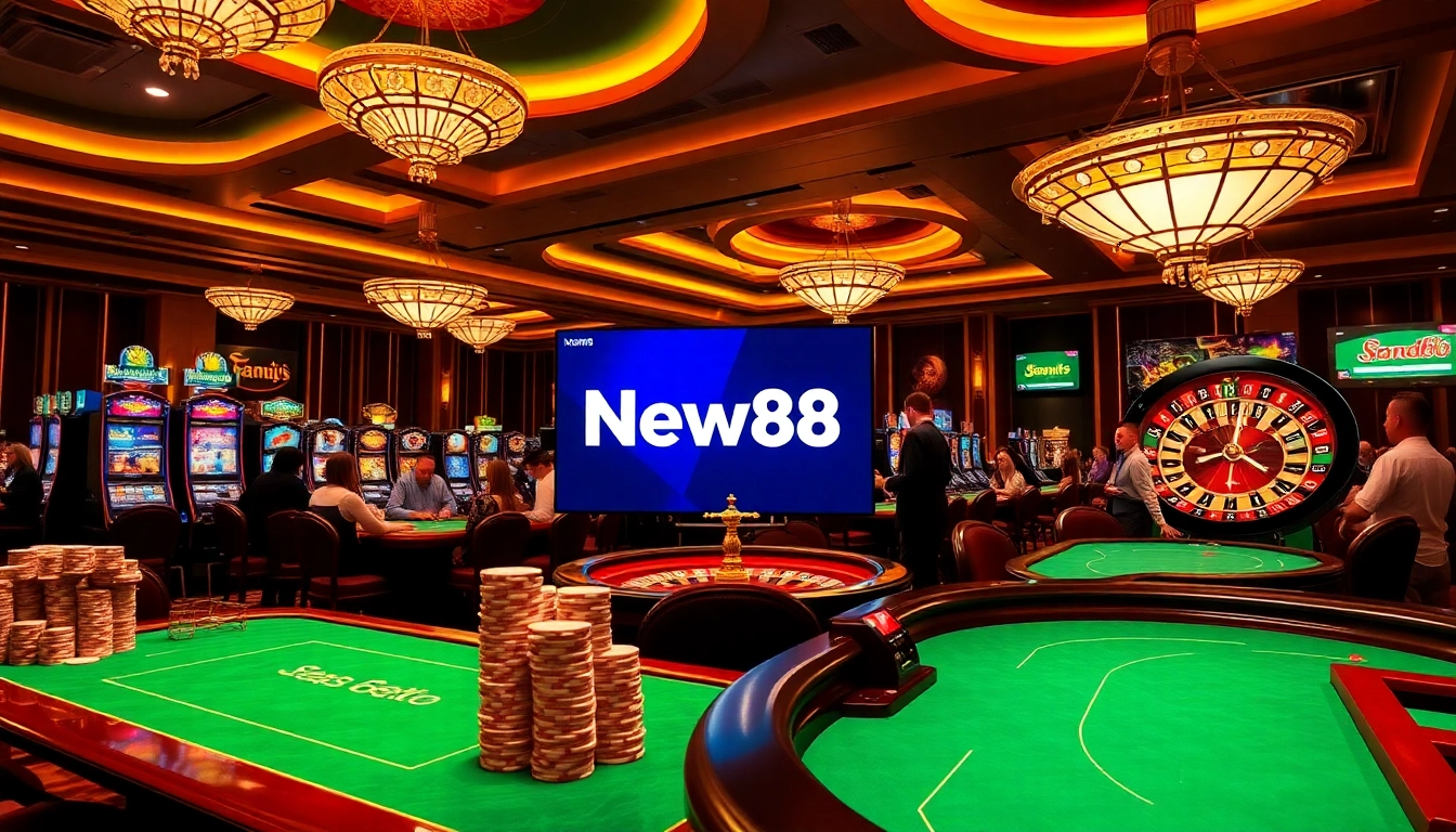 Experience New88's thrilling casino atmosphere filled with poker chips and slot machines.