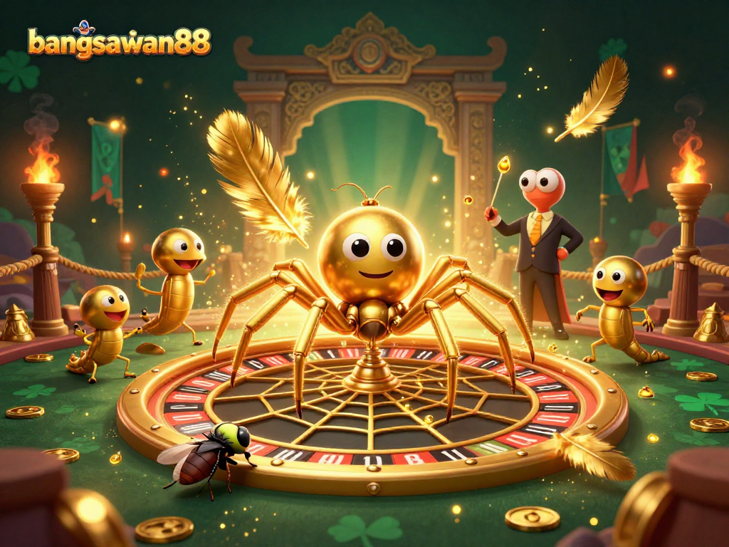 Engage with bangsawan88 as the golden spider spins a roulette wheel in a thrilling casino scene.