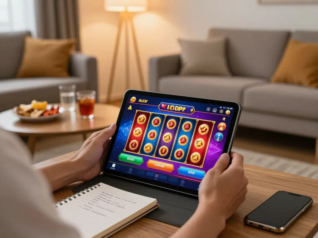 Alev casino online gaming on a tablet in a cozy living room setting with vibrant visuals