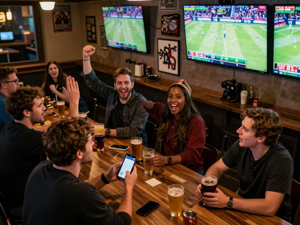 Soi kèo with friends at a lively sports bar, checking live betting odds on mobile.