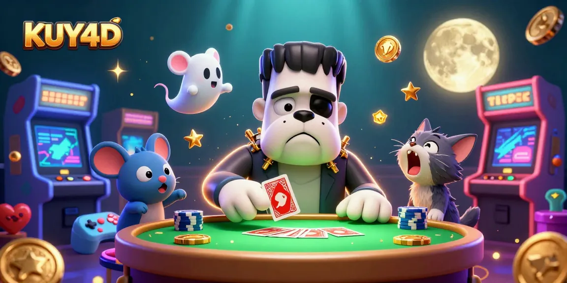 KUY4D memperlihatkan kucing werewolf dan bulldog Frankenstein bermain kartu di meja kasino yang misterius.