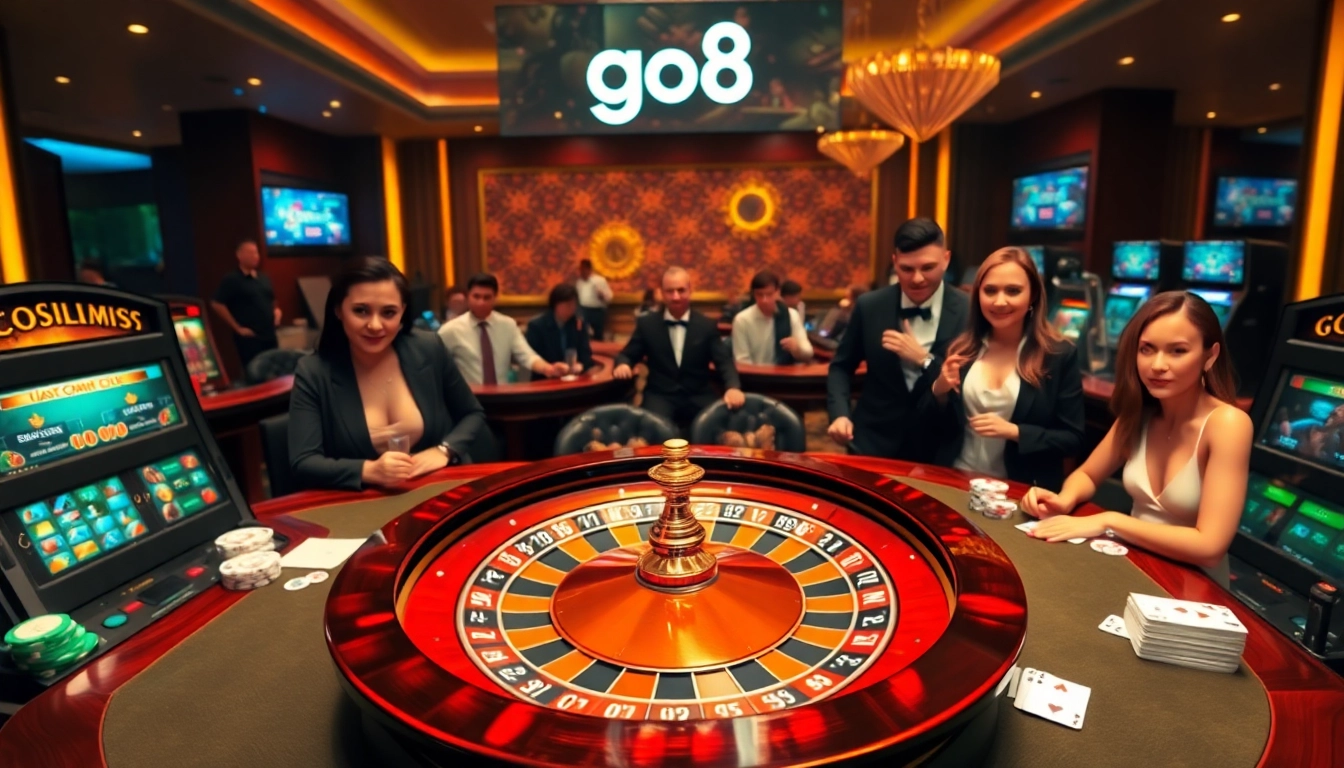Experience go8's exhilarating casino atmosphere with roulette and poker games played by excited players.