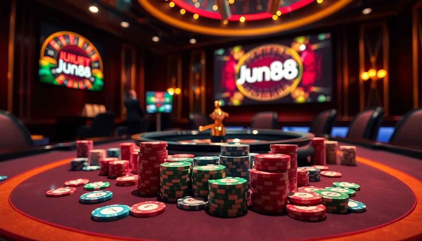 Exciting poker game featuring Jun88 logo with vibrant chips and cards, depicting casino thrill.