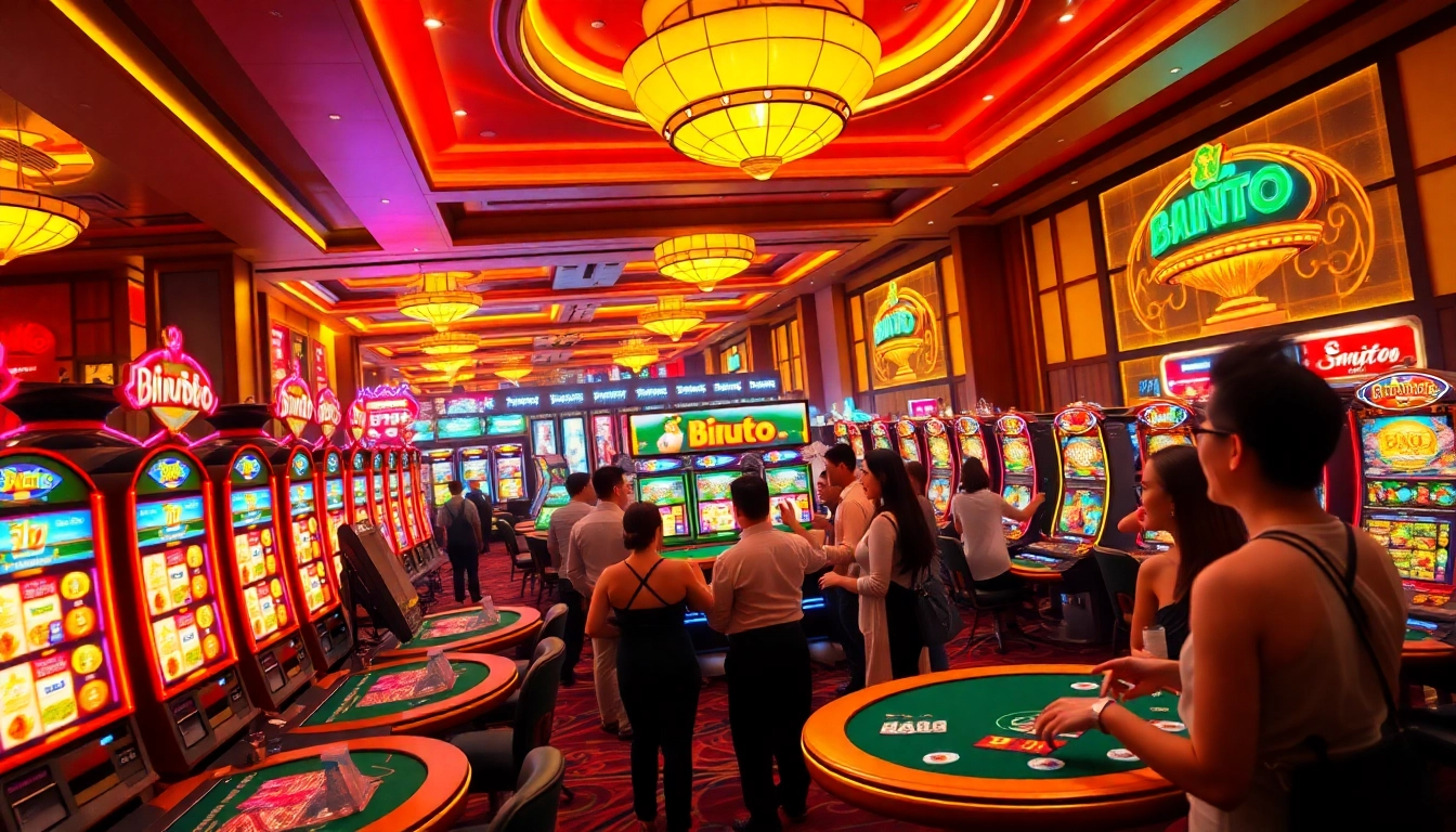 Pemain menikmati mesin slot Birutoto dalam suasana kasino yang meriah.