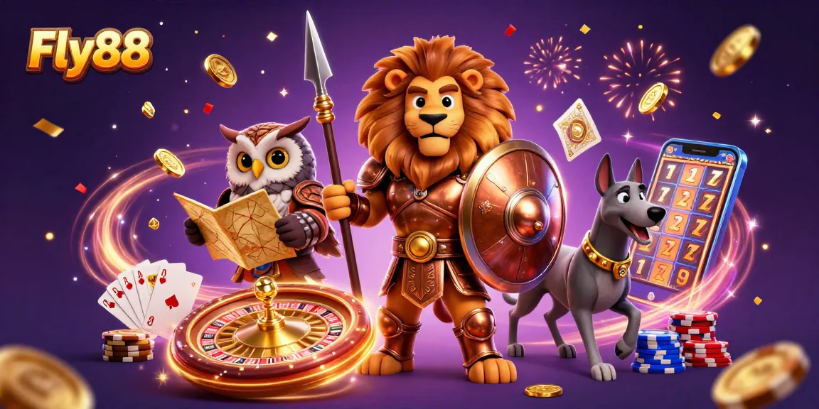 Join the excitement at Fly88, featuring a Spartan lion, tactical owl, and swift greyhound amid casino celebrations.