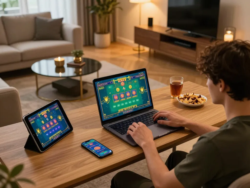 Tài xỉu online gameplay on a modern laptop setup, showing colorful game interface and user engagement.