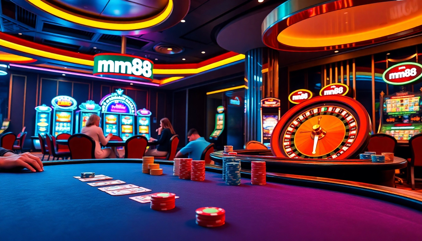 Experience thrilling action at mm88's vibrant casino scene featuring poker tables, roulette, and slot machines.