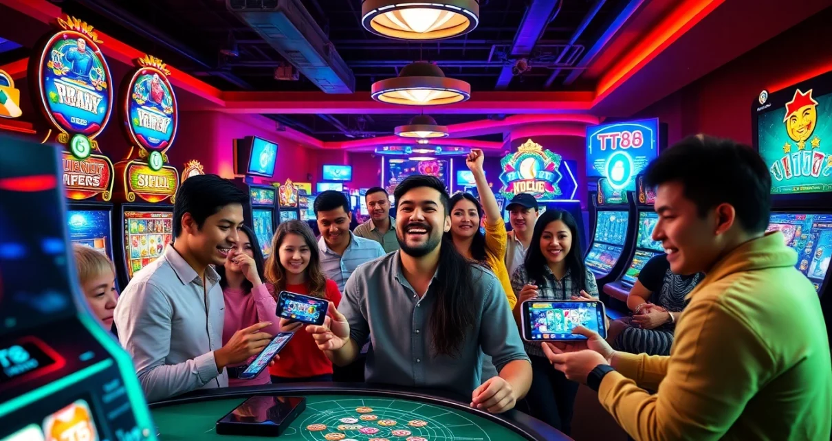 Engaged players at TT88 enjoy online gaming, showcasing excitement and security in a vibrant atmosphere.