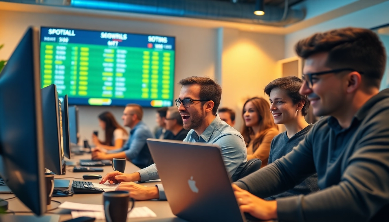 Engaged individuals enjoying online Betting in a vibrant home office setting.