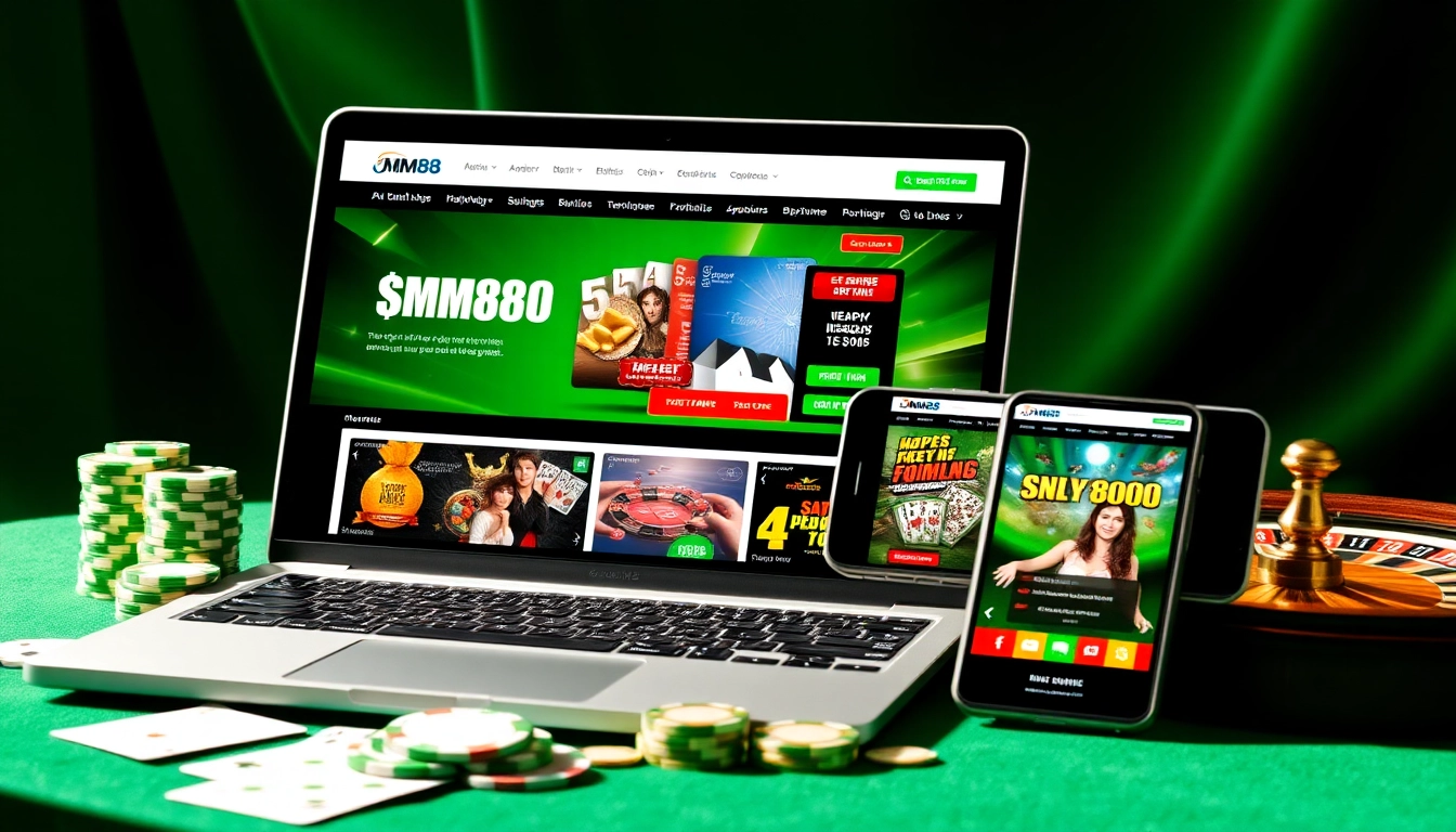 Interactive MM88 online gambling platform showcasing vibrant graphics and promotions on devices.
