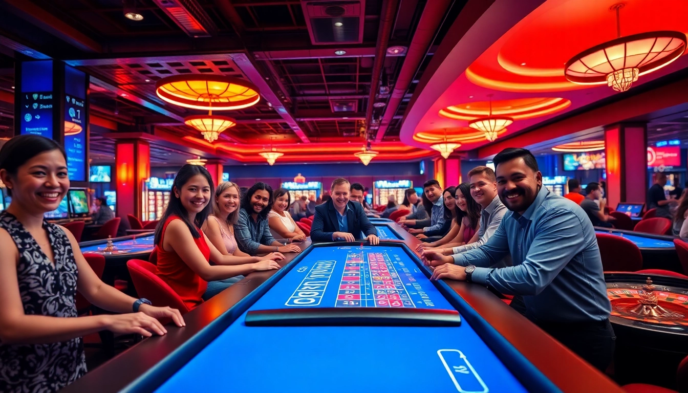 Escena de juego emocionante en el casino 79king con diversos jugadores disfrutando de varios juegos.