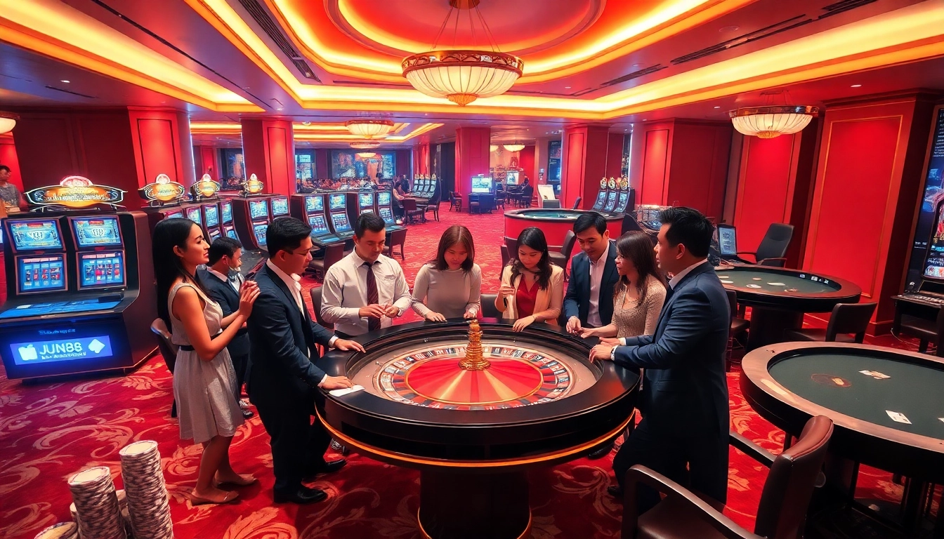 Experience the thrill of online casino gaming with Jun88 as players engage around a vibrant roulette table.
