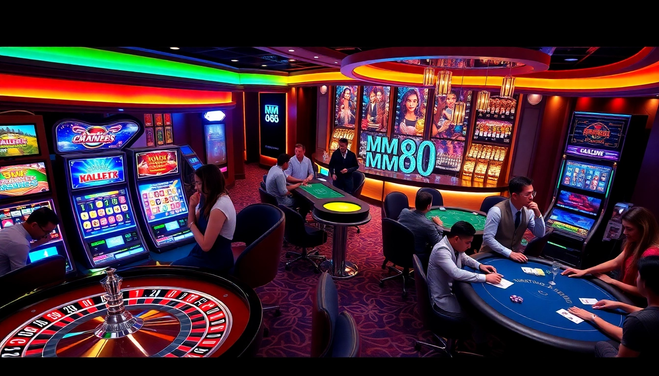 Excited gamblers at MM88 engage with roulette, poker, and vibrant slot machines.