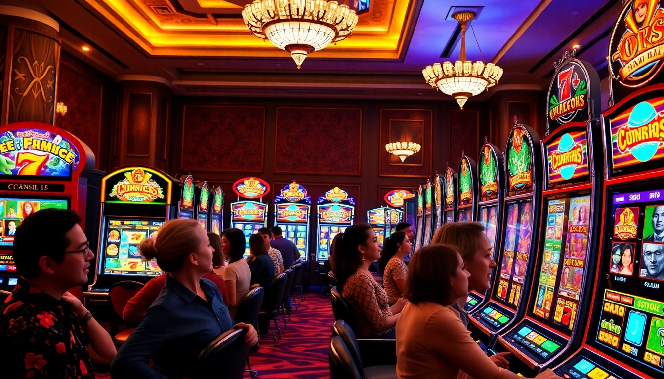 Permainan slot Game yang menarik dengan mesin berwarna-warni dan pemain bersemangat.