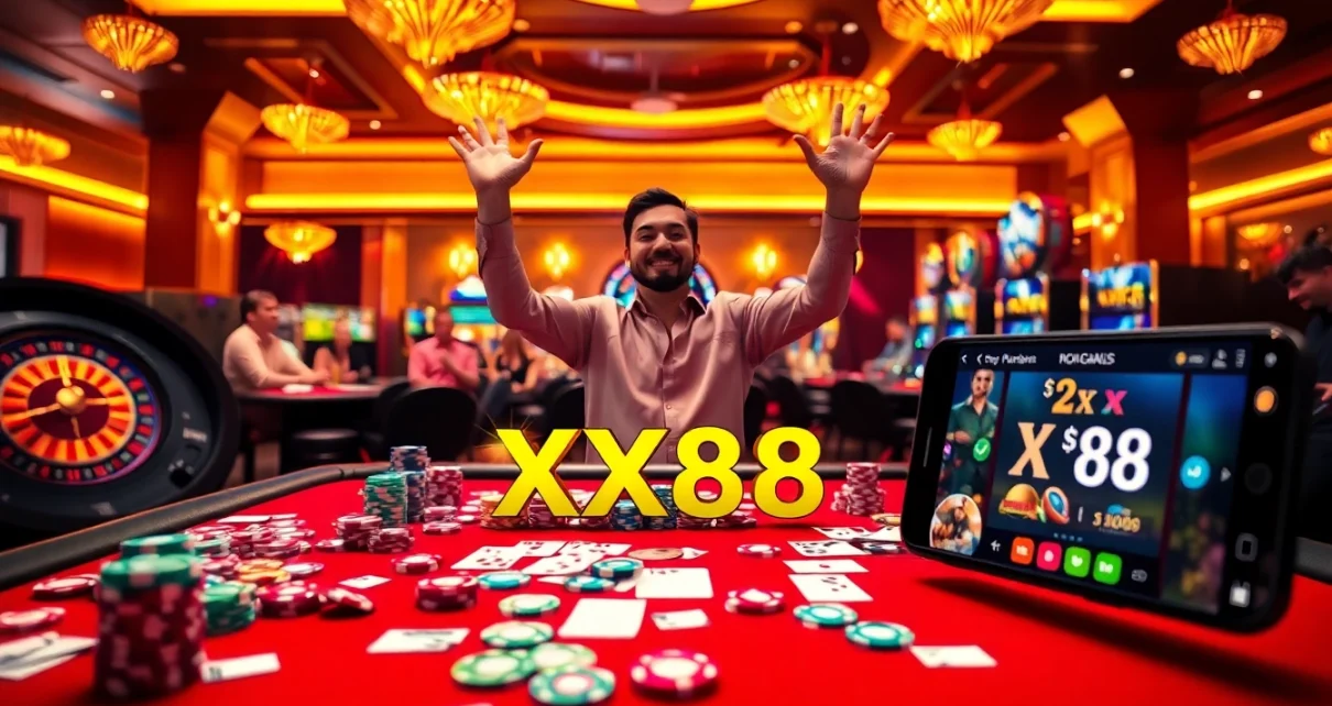 Engaging scene of a vibrant casino table at XX88 with poker chips and players celebrating wins.