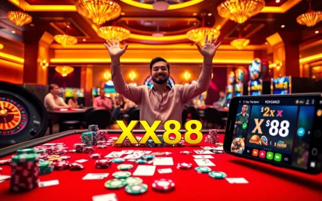 Engaging scene of a vibrant casino table at XX88 with poker chips and players celebrating wins.