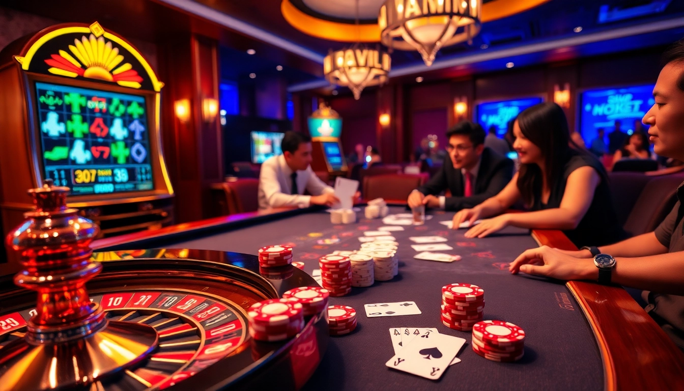 Players enjoying a thrilling moment at 32win's luxury casino table with poker chips and cards.