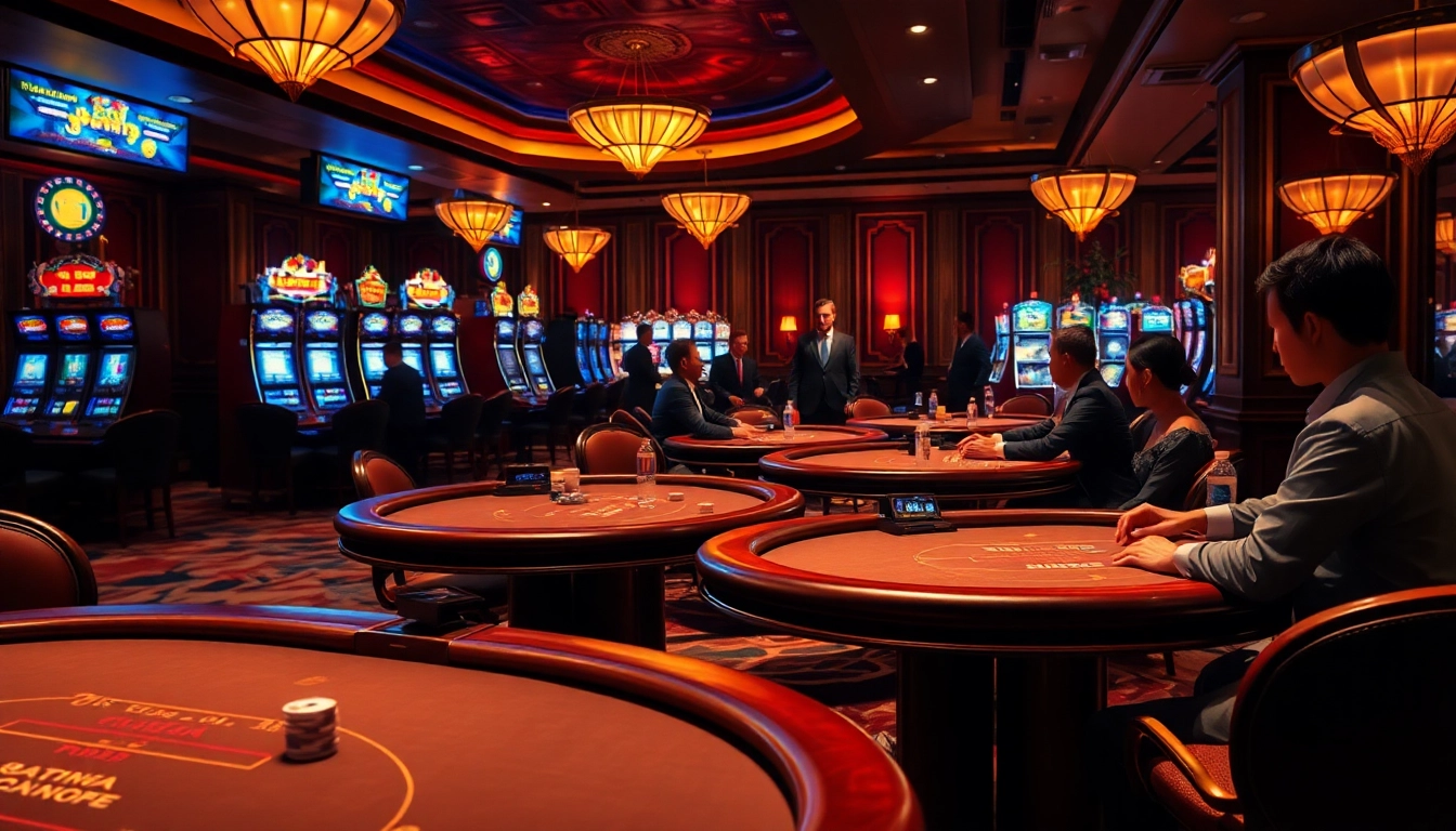 Engage with the thrilling casino atmosphere showcasing elegant gaming tables and vibrant decor.