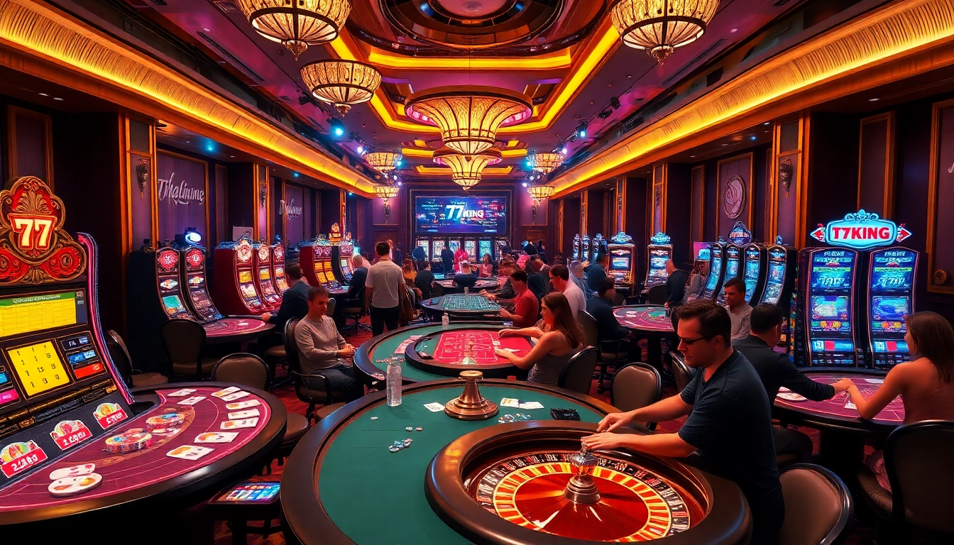 Experience high-stakes excitement with 79king in a lively casino scene featuring poker and slot machines.