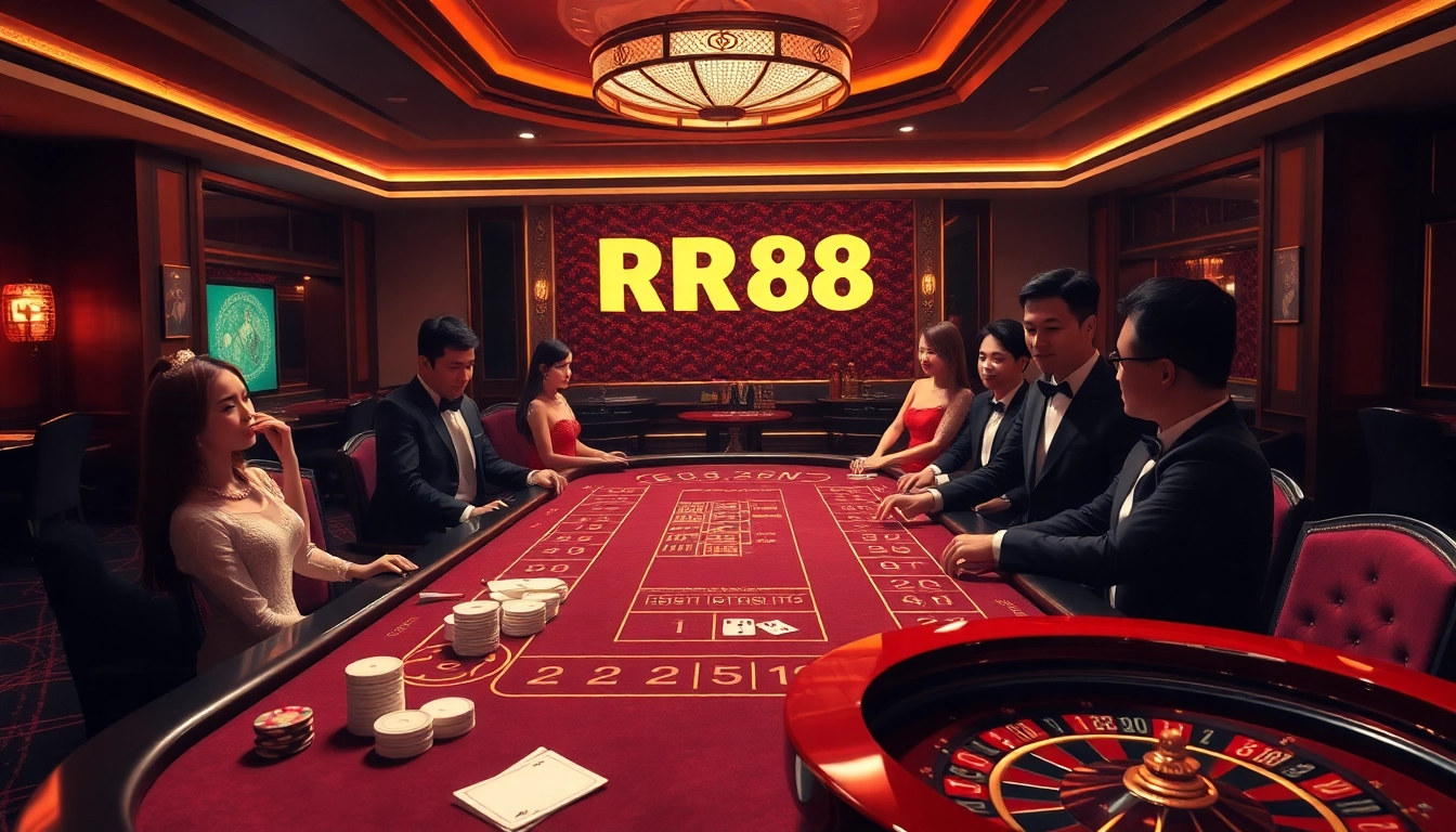 Experience the thrill of RR88 at a luxurious casino table with poker chips and cards.
