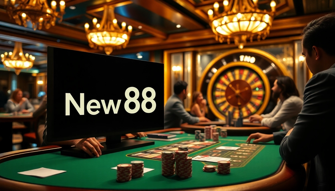 Players immerse in the excitement at the New88 casino, showcasing poker chips and a roulette wheel.