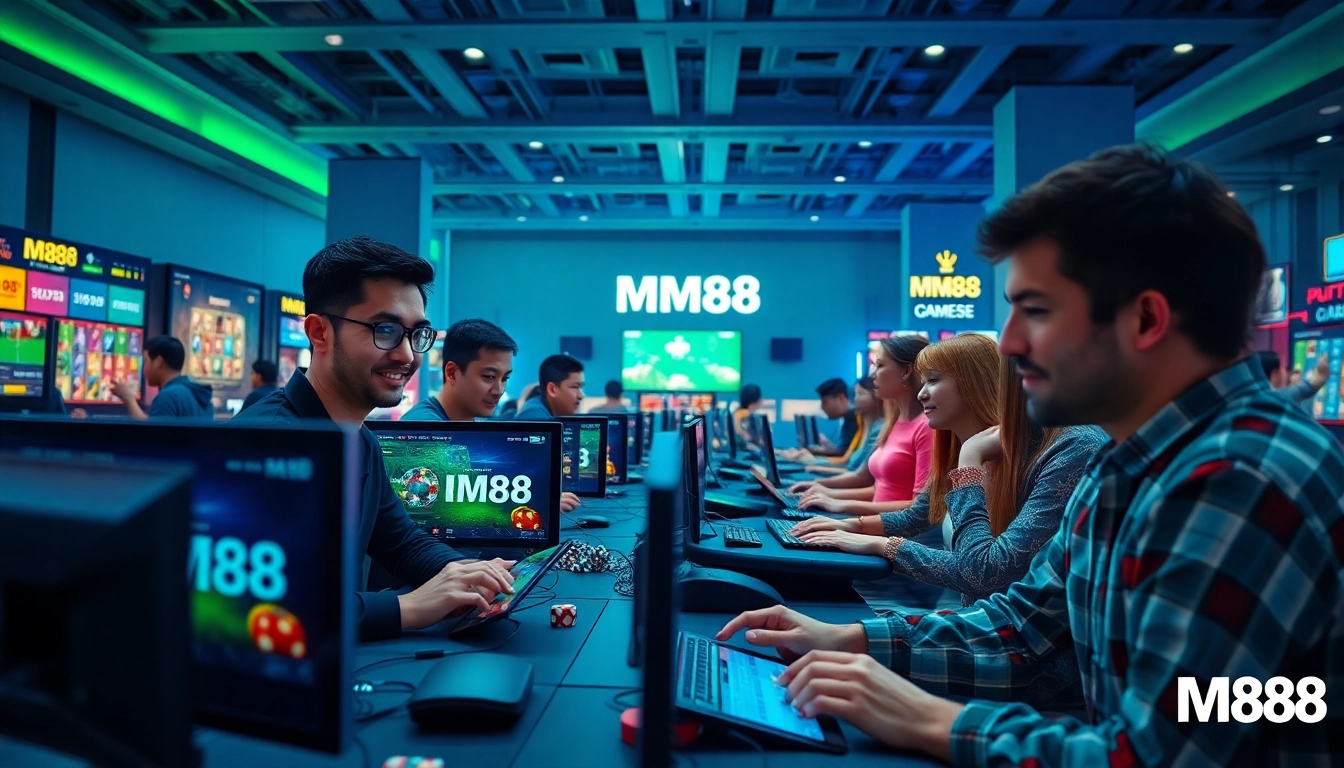 MM88 online gaming scene with players enjoying sports betting and casino games.