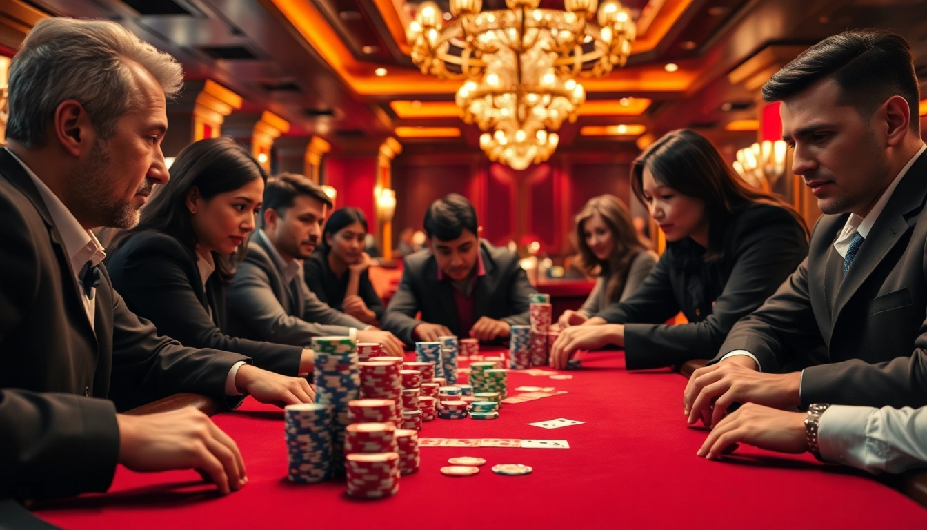 Engaging poker game scene showcasing players at intense tables with colorful chips.