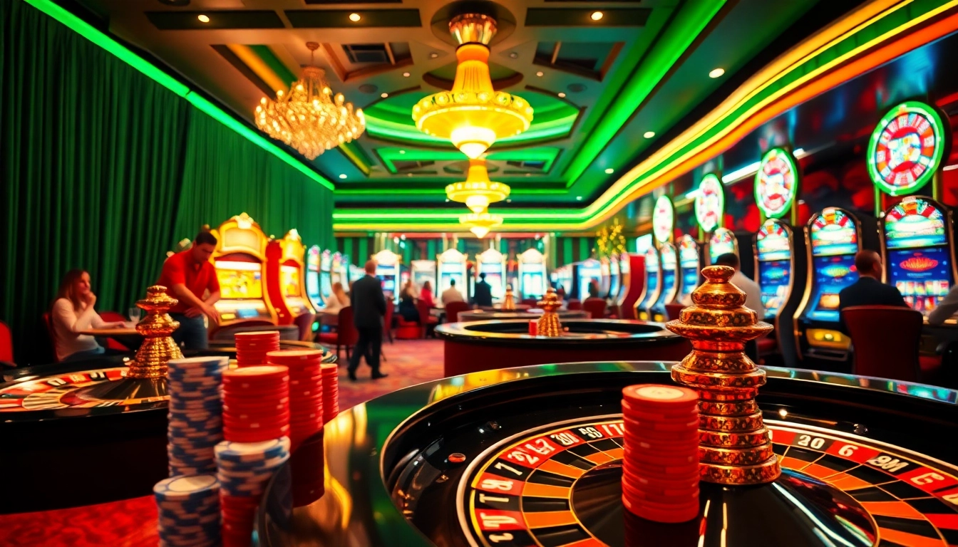 Players enjoying a casino roulette game with vibrant chips and bright lighting.