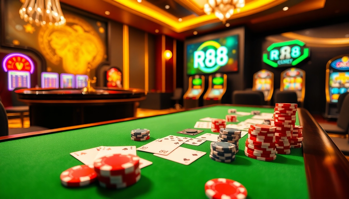 Experience the thrill of RR88 casino with vibrant gaming elements including poker chips and a roulette wheel.