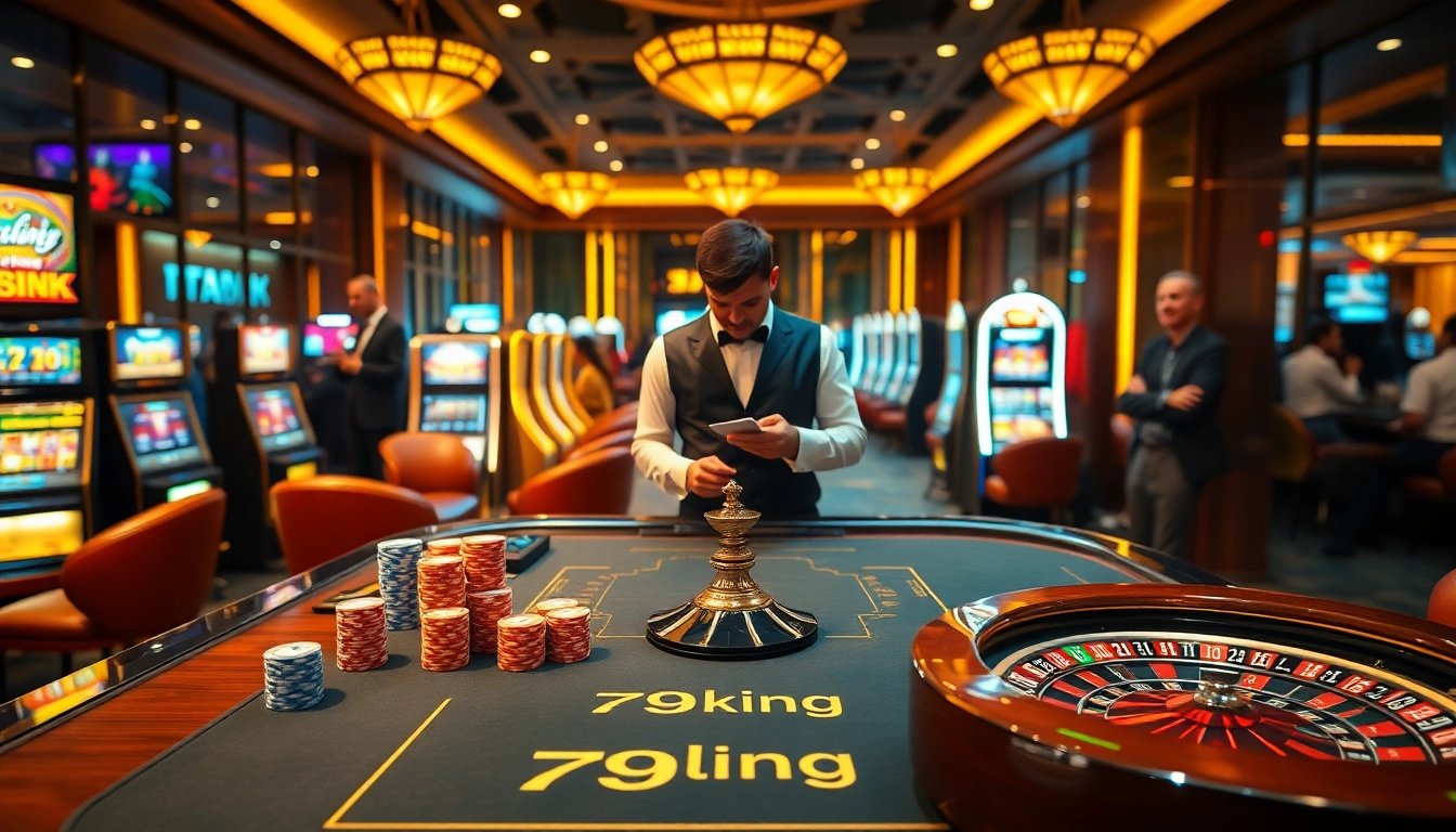 79king-branded casino table action with cards, chips, and roulette wheel in premium setting
