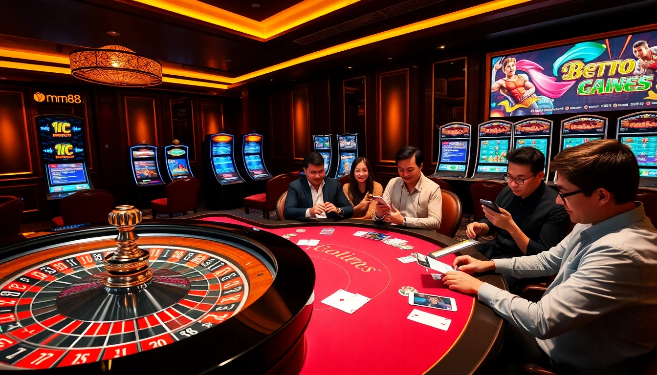 Engaging casino atmosphere with mm88 players enjoying poker and slots.