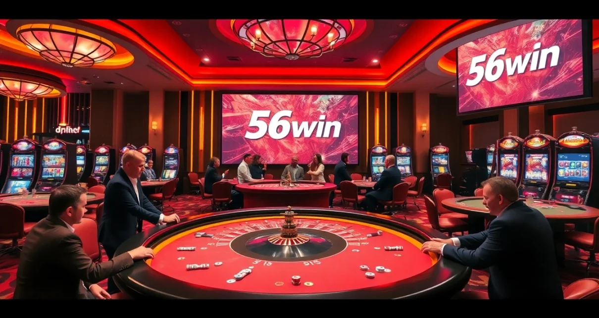Exciting gaming scene at 56win casino, showcasing thrilling table games and digital gambling elements.