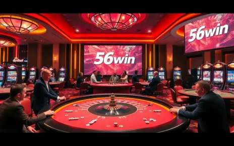 Exciting gaming scene at 56win casino, showcasing thrilling table games and digital gambling elements.