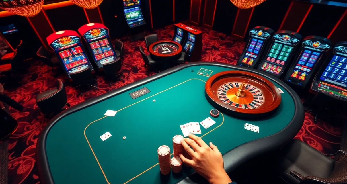 Adegan kasino Dewanaga89 yang menampilkan meja poker berwarna cerah dan roda roulette dengan para pemain yang terlibat.